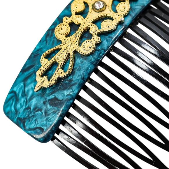 Vintage 30s–50s French Hair Comb Teal Marbled Acetate Applied Filigree - Picture 3 of 7